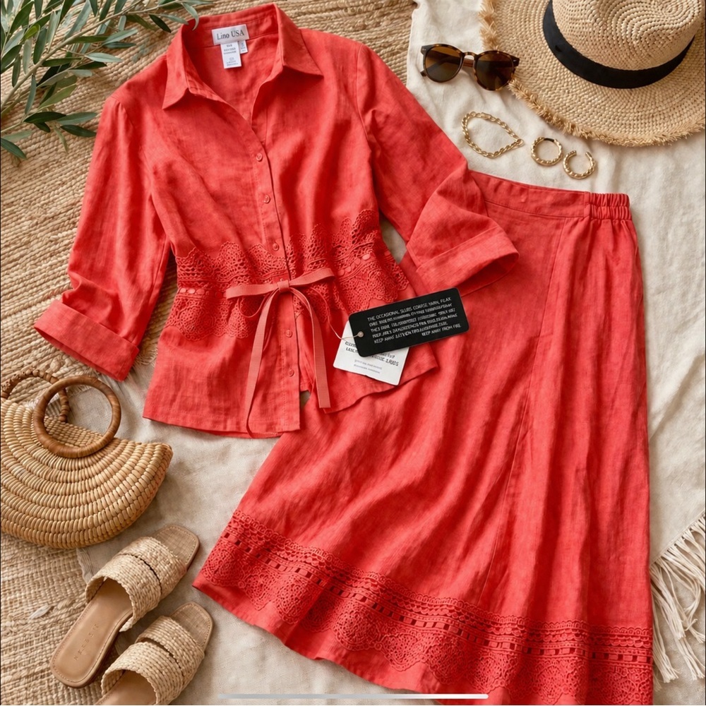Lino USA Linen Skirt Set NWT Coral Embroidered Resort Set Coastal Midi 2-piece - Picture 2 of 16